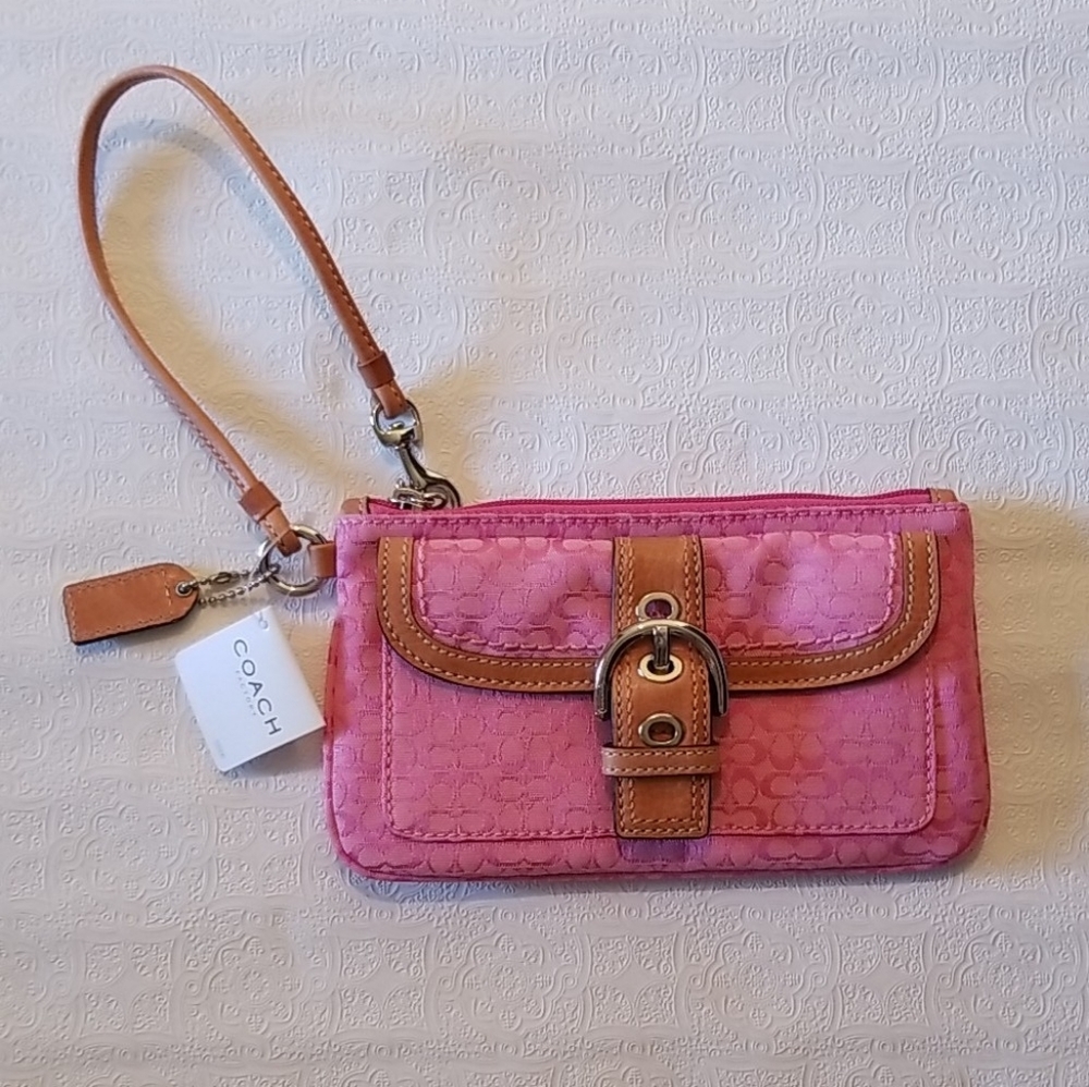 Pink Coach Monogram Wristlet Brown Leather Trim